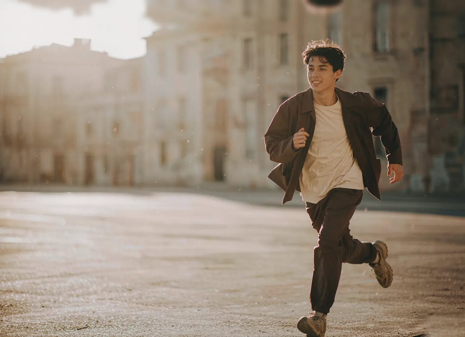 Young wholesale buyer running through a sunlit European street